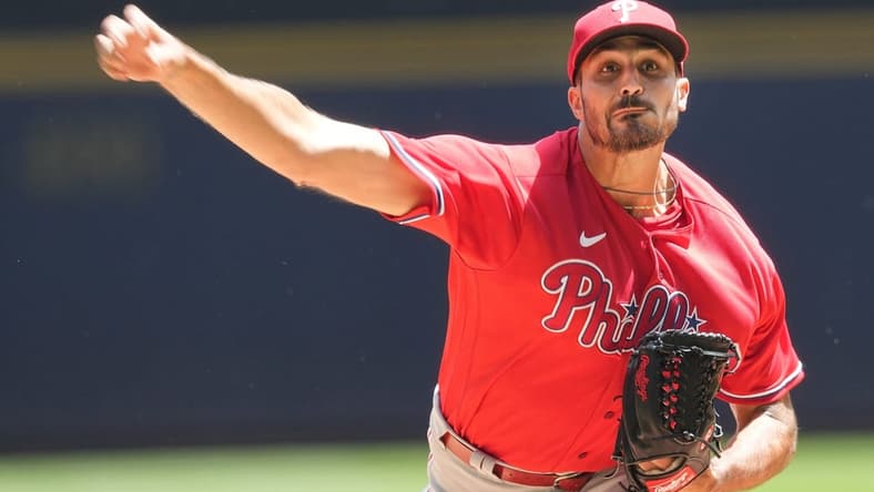 Philadelphia Phillies starting pitcher Zach Eflin (56) throws during the first inning of their game against the Milwaukee Brewers Thursday, June 9, 2022 at American Family Field in Milwaukee, Wis.

Brewers10 4