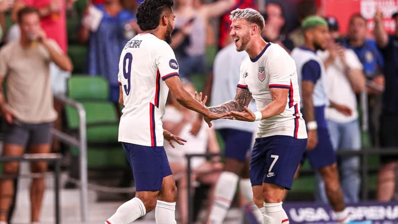 United States forward Paul Arriola (7) and forward Jes  s Ferreira (9) celebrate a score during the match against Grenada at Q2 Stadium in Austin, Texas on June 10, 2022. The United States defeated Grenada 5-0.

Aem Usmnt Vs Grenada 061022 22