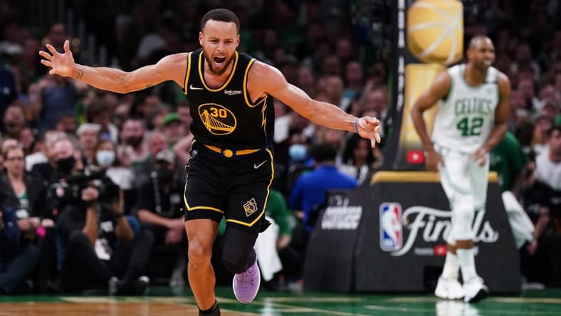 Jun 10, 2022; Boston, Massachusetts, USA; Golden State Warriors guard Stephen Curry (30) reacts after a no foul call against the Boston Celtics during game four of the 2022 NBA Finals at TD Garden. Mandatory Credit: David Butler II-USA TODAY Sports