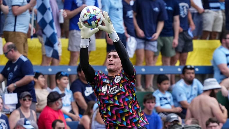 Jun 12, 2022; Kansas City, Kansas, USA; New England Revolution goalkeeper Djordje Petrovic (99) warms up before the match against Sporting Kansas City at Children's Mercy Park. Mandatory Credit: Jay Biggerstaff-USA TODAY Sports