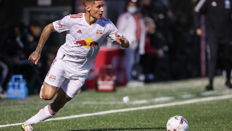 May 25, 2022; Montclair, New Jersey, USA; New York Red Bulls forward Patryk Klimala (9) plays the ball against Charlotte FC during the first half at Montclair State University Soccer Park. Mandatory Credit: Vincent Carchietta-USA TODAY Sports