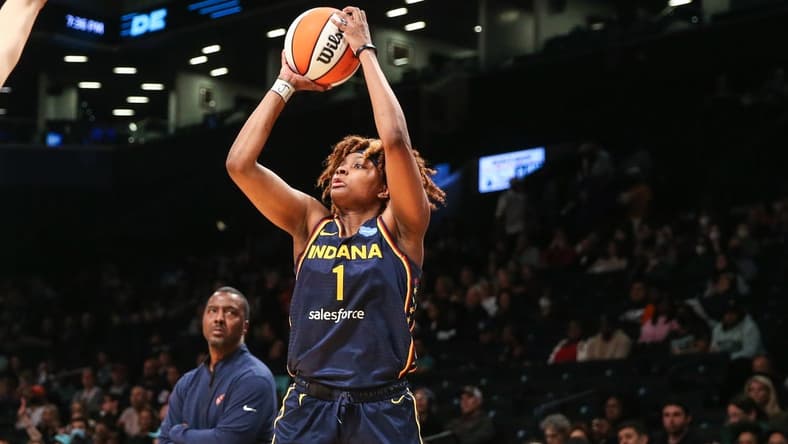 Jun 1, 2022; Brooklyn, New York, USA; Indiana Fever forward NaLyssa Smith (1) at Barclays Center. Mandatory Credit: Wendell Cruz-USA TODAY Sports