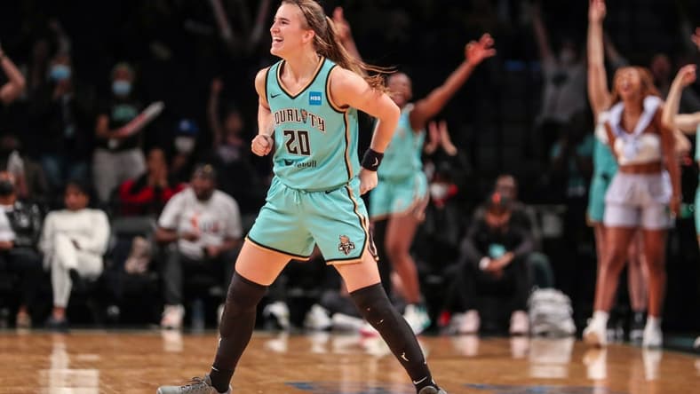 Jun 1, 2022; Brooklyn, New York, USA; New York Liberty guard Sabrina Ionescu (20) at Barclays Center. Mandatory Credit: Wendell Cruz-USA TODAY Sports