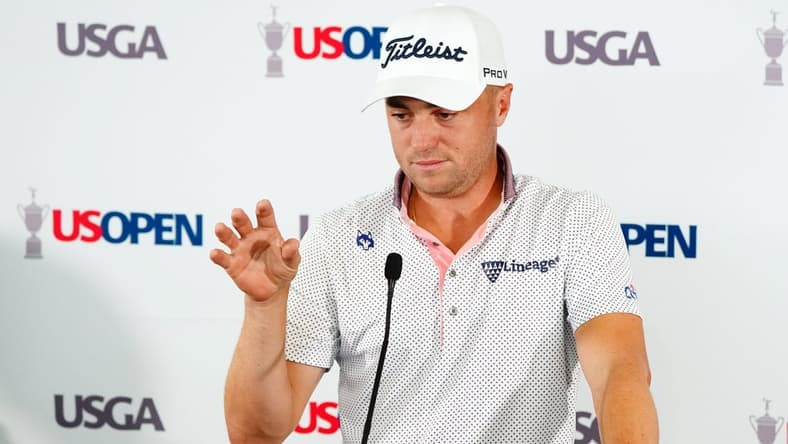 Jun 13, 2022; Brookline, Massachusetts, USA; Justin Thomas addresses the media during a press conference before rounds of the U.S. Open golf tournament at The Country Club. Mandatory Credit: John David Mercer-USA TODAY Sports