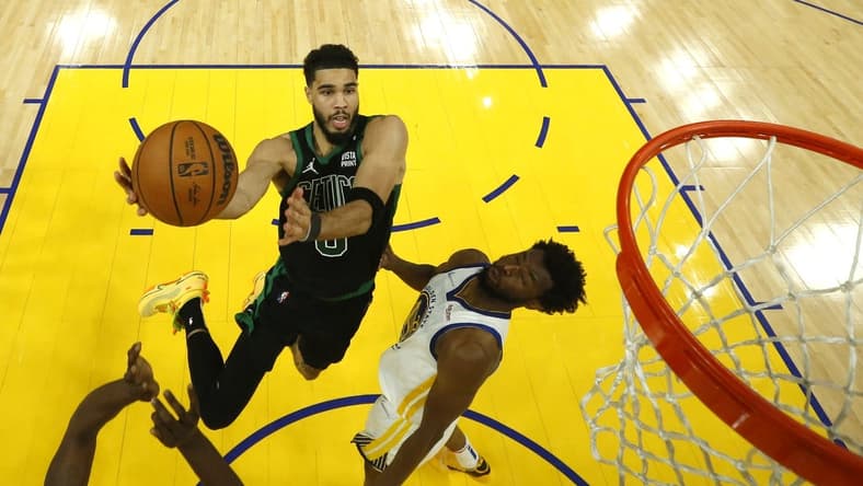 Jun 13, 2022; San Francisco, California, USA; Boston Celtics forward Jayson Tatum (0) goes to the basket in game five of the 2022 NBA Finals Golden State Warriors  at Chase Center. Mandatory Credit: Jed Jacobsohn/Pool Photo-USA TODAY Sports