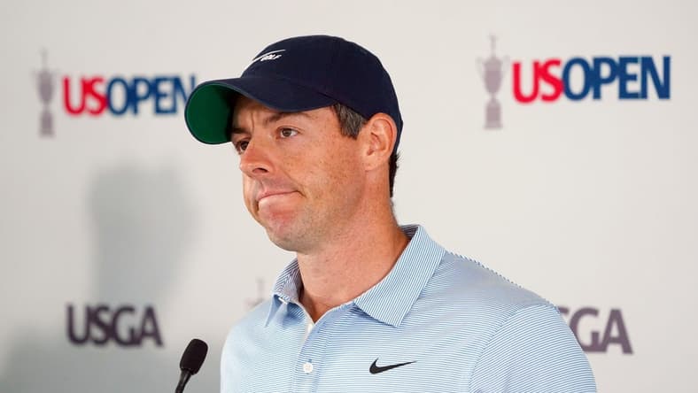 Jun 14, 2022; Brookline, Massachusetts, USA; Rory McIlroy addresses the media during a press conference for the U.S. Open golf tournament at The Country Club. Mandatory Credit: John David Mercer-USA TODAY Sports