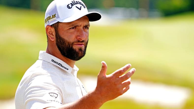 Jun 15, 2022; Brookline, Massachusetts, USA; Jon Rahm on the practice range during a practice round of the U.S. Open golf tournament at The Country Club. Mandatory Credit: John David Mercer-USA TODAY Sports