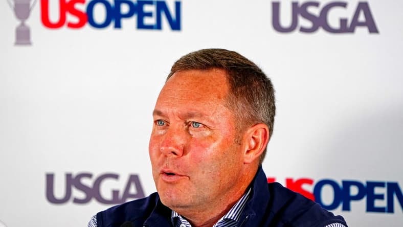 Jun 15, 2022; Brookline, Massachusetts, USA; USGA ceo Mike Whan speaks during a press conference during a practice round of the U.S. Open golf tournament at The Country Club. Mandatory Credit: John David Mercer-USA TODAY Sports