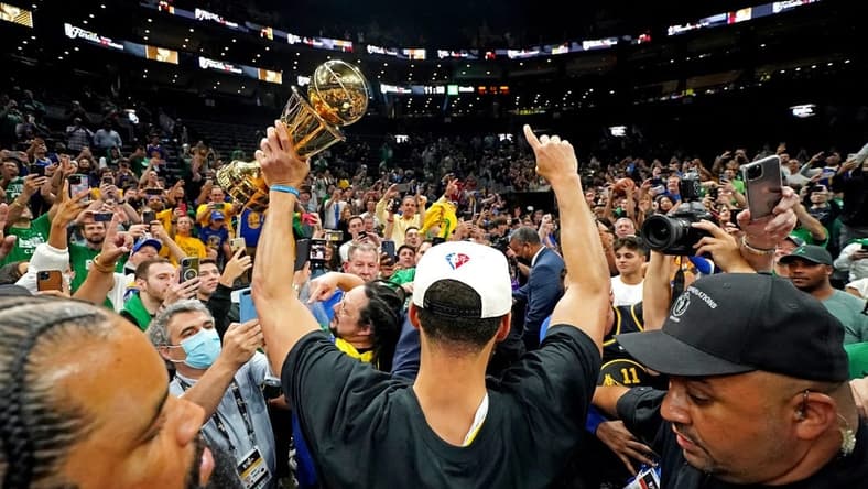 Jun 16, 2022; Boston, Massachusetts, USA; Golden State Warriors guard Stephen Curry (30) celebrates after the Golden State Warriors beat the Boston Celtics in game six of the 2022 NBA Finals to win the NBA Championship at TD Garden. Mandatory Credit: Kyle Terada-USA TODAY Sports