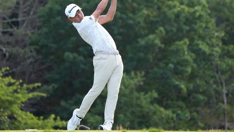 Jun 17, 2022; Brookline, Massachusetts, USA; Collin Morikawa plays his shot from the eighth tee during the second round of the U.S. Open golf tournament. Mandatory Credit: John David Mercer-USA TODAY Sports