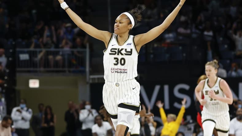 Jun 17, 2022; Chicago, Illinois, USA; Chicago Sky forward Azura Stevens (30) reacts after scoring against the Atlanta Dream during overtime of a WNBA game at Wintrust Arena. Mandatory Credit: Kamil Krzaczynski-USA TODAY Sports