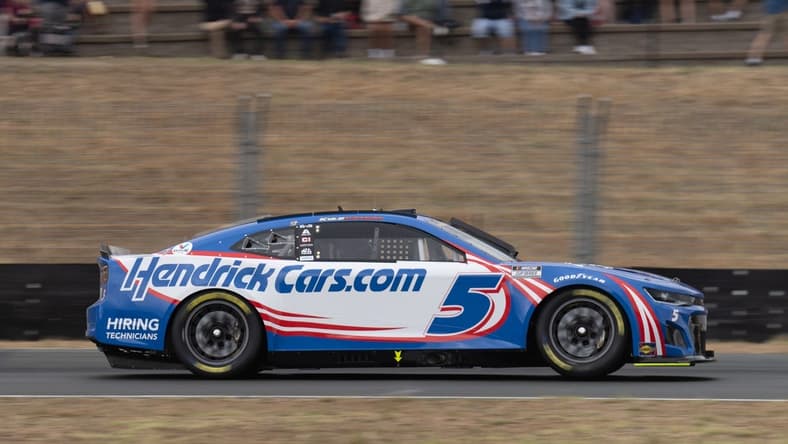Jun 12, 2022; Sonoma, California, USA; NASCAR Cup Series driver Kyle Larson (5) races during the NASCAR Toyota - Save Mart 350 event at Sonoma Raceway. Mandatory Credit: Stan Szeto-USA TODAY Sports