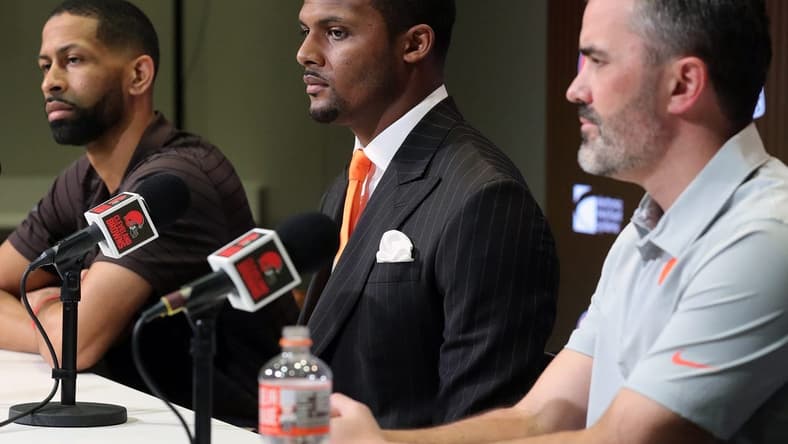 Cleveland Browns quarterback Deshaun Watson, center, along with General Manager Andrew Berry, left, and head coach Kevin Stefanski, right, field questions from reporters during Watson's introductory press conference at the Cleveland Browns Training Facility in Berea.

Watsonpress File 3