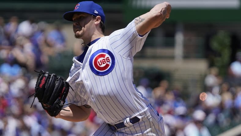 Jun 18, 2022; Chicago, Illinois, USA; Chicago Cubs starting pitcher Justin Steele (35) throws the ball against the Atlanta Braves during the first inning at Wrigley Field. Mandatory Credit: David Banks-USA TODAY Sports