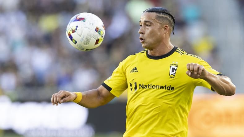 Jun 18, 2022; Columbus, Ohio, USA; Columbus Crew forward Erik Hurtado (19) plays the ball out of the air against Charlotte FC in the first half at Lower.com Field. Mandatory Credit: Greg Bartram-USA TODAY Sports