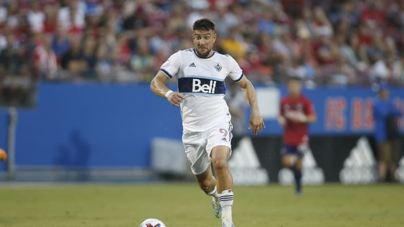 Jun 18, 2022; Frisco, Texas, USA;  Vancouver Whitecaps forward Lucas Cavallini (9) controls the ball against FC Dallas in the first half at Toyota Stadium. Mandatory Credit: Tim Heitman-USA TODAY Sports