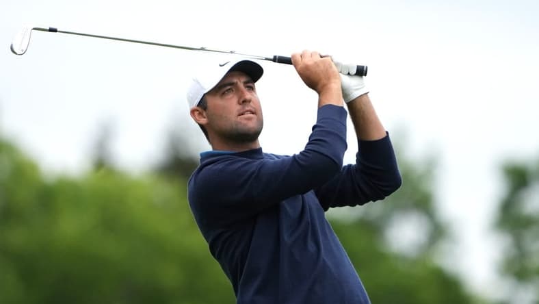 Jun 19, 2022; Brookline, Massachusetts, USA; Scottie Scheffler plays his shot from the sixth tee during the final round of the U.S. Open golf tournament. Mandatory Credit: John David Mercer-USA TODAY Sports