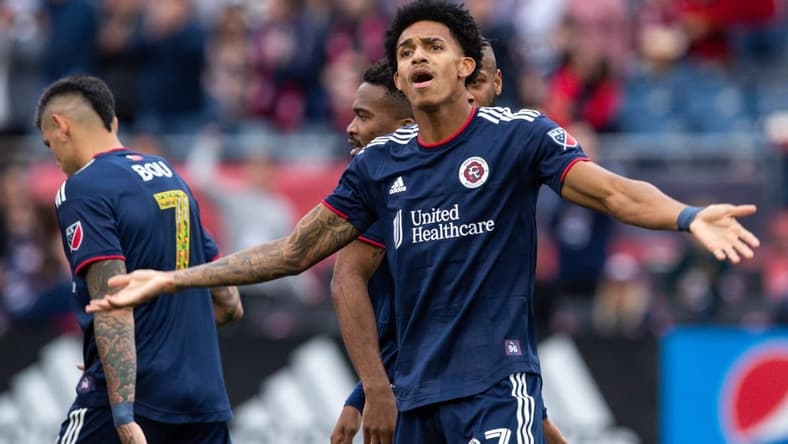 Jun 19, 2022; Foxborough, Massachusetts, USA; New England Revolution forward Dylan Borrero (27) reacts after scoring a goal during the second half against Minnesota United FC at Gillette Stadium. Mandatory Credit: Paul Rutherford-USA TODAY Sports