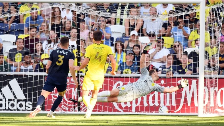 Jun 19, 2022; Nashville, Tennessee, USA; Nashville SC goalkeeper Joe Willis (1) allows a goal to Sporting Kansas City midfielder Felipe Hernandez (not pictured) during the first half at Geodis Park. Mandatory Credit: Christopher Hanewinckel-USA TODAY Sports