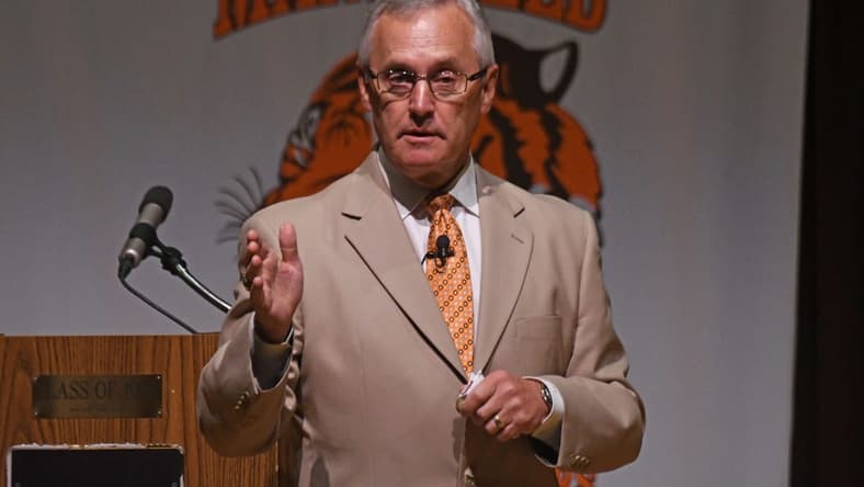 Former Ohio State Football coach and current Youngstown State President Jim Tressel speaks to the Mansfield City Schools employees Tuesday morning.

Jim