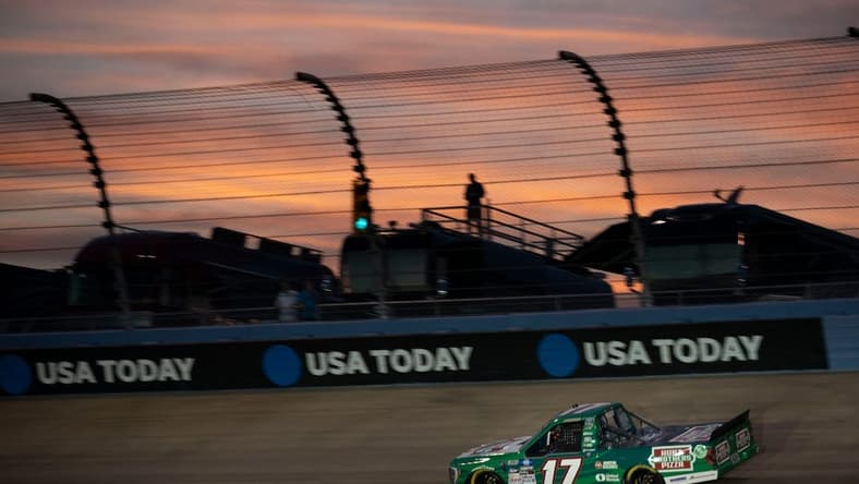NASCAR Camping World Truck Series driver Ryan Preece (17) makes his way out of turn number four as he holds the leads during the Rackley Roofing 200 NASCAR Truck Series Race at Nashville Superspeedway Friday, June 24, 2022, in Lebanon, Tenn.

Nas Rackley Truck Race 019