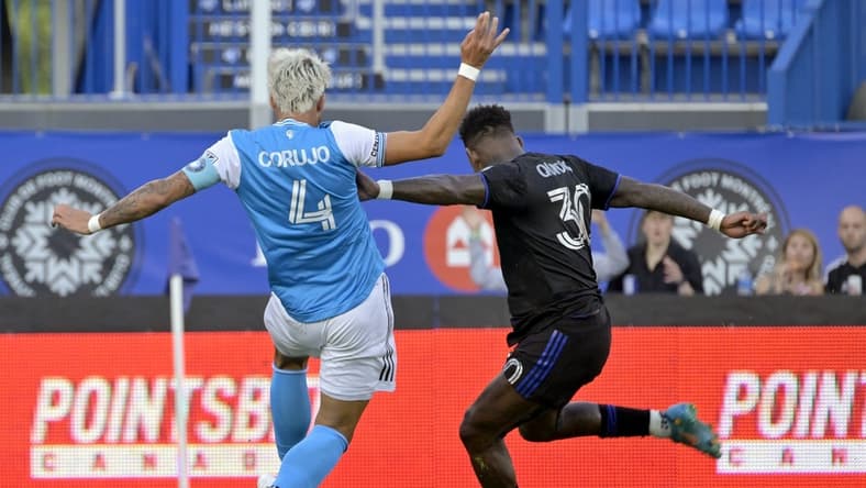 Jun 25, 2022; Montreal, Quebec, CAN; CF Montreal midfielder Romell Quioto (30) scores a goal against Charlotte FC during the first half at Stade Saputo. Mandatory Credit: Eric Bolte-USA TODAY Sports