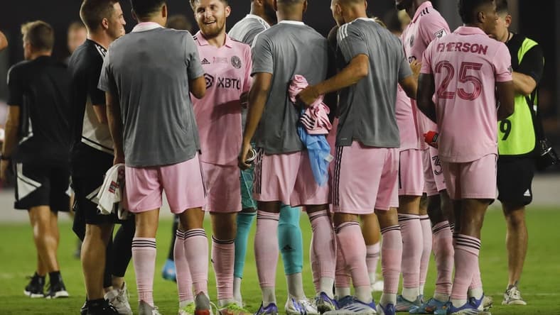 Jun 25, 2022; Fort Lauderdale, Florida, USA; Inter Miami CF midfielder Indiana Vassilev (17) celebrates with teammates after defeating Minnesota United at DRV PNK Stadium. Mandatory Credit: Sam Navarro-USA TODAY Sports