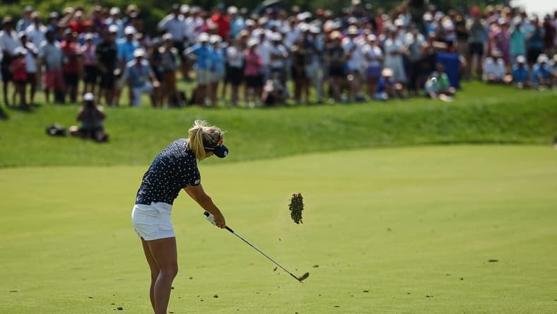 Jun 26, 2022; Bethesda, Maryland, USA; Lexi Thompson plays her shot on the 17th hole during the final round of the KPMG Women's PGA Championship golf tournament at Congressional Country Club. Mandatory Credit: Scott Taetsch-USA TODAY Sports