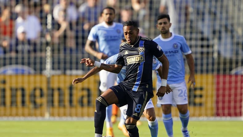 Jun 26, 2022; Philadelphia, Pennsylvania, USA; Philadelphia Union midfielder Jose Andres Martinez (8) controls the ball against New York City FC during the first half at Subaru Park. Mandatory Credit: Gregory Fisher-USA TODAY Sports