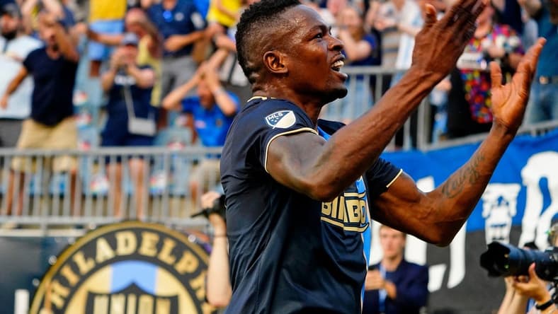Jun 26, 2022; Philadelphia, Pennsylvania, USA; Philadelphia Union forward Cory Burke (19) reacts after scoring a goal against New York City FC during the second half at Subaru Park. Mandatory Credit: Gregory Fisher-USA TODAY Sports