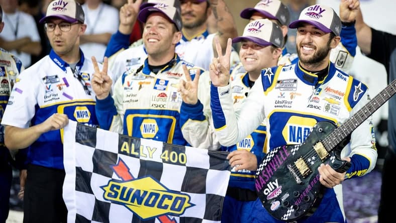 NASCAR Cup Series driver Chase Elliott (9) celebrates winning the Ally 400 at the Nashville Superspeedway in Lebanon, Tenn., Sunday, June 26, 2022.

Nascar 062622 An 046