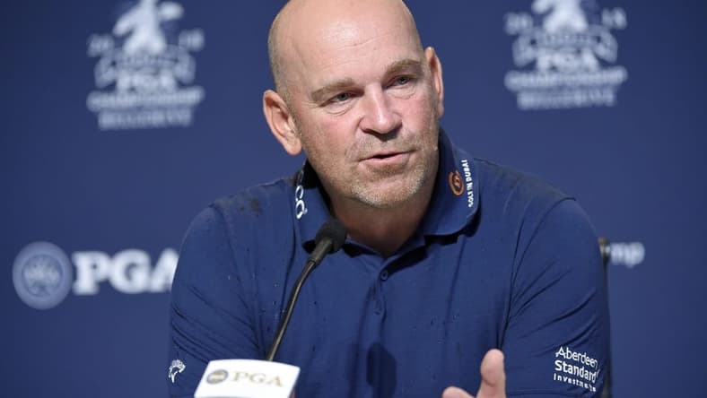 Aug 7, 2018; St. Louis, MO, USA; Thomas Bjorn captain for the 2018 European Ryder Cup addresses the media during a press conference before Tuesdays practice round of the PGA Championship golf tournament at Bellerive Country Club. Mandatory Credit: John David Mercer-USA TODAY Sports
