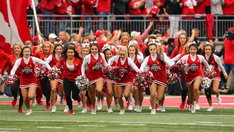 Sep 22, 2018; Columbus, OH, USA; Ohio State Buckeyes cheerleaders take the field before the game against the Tulane Green Wave at Ohio Stadium. Mandatory Credit: Joe Maiorana-USA TODAY Sports