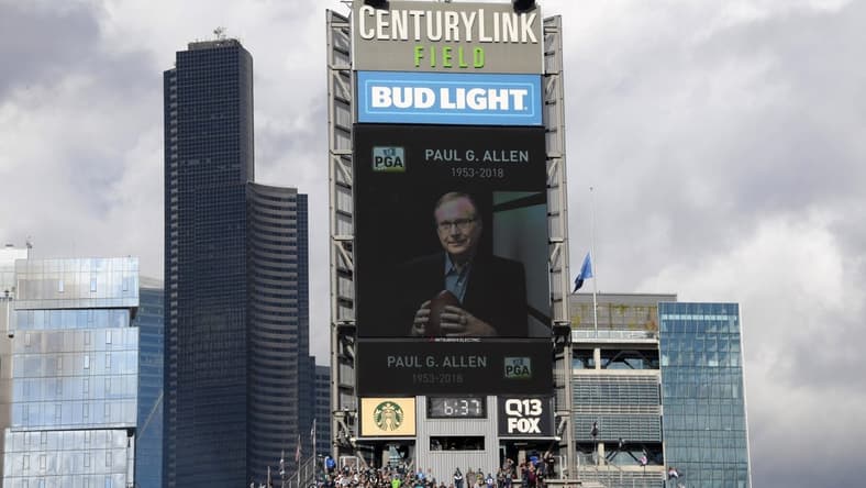 Nov 4, 2018; Seattle, WA, USA; A moment of silence is observed in the memory of Seattle Seahawks owner Paul Allen before the game against the Los Angeles Chargers at CenturyLink Field. Mandatory Credit: Kirby Lee-USA TODAY Sports