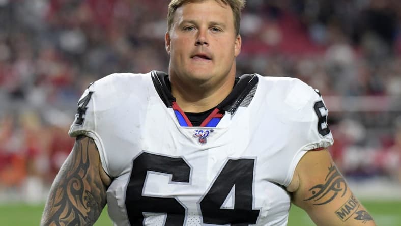 Aug 15, 2019; Glendale, AZ, USA; Oakland Raiders center Richie Incognito (64) during an NFL football game against the Arizona Cardinals. The Raiders defeated the Cardinals 33-26. Mandatory Credit: Kirby Lee-USA TODAY Sports
