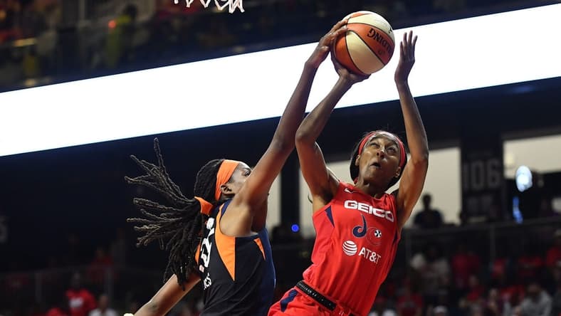 Oct 1, 2019; Washington, DC, USA; Connecticut Sun forward Jonquel Jones (35) blocks the shot by Washington Mystics guard Shatori Walker-Kimbrough (32) during the second quarter in game two of the 2019 WNBA Finals at The Entertainment and Sports Arena. Mandatory Credit: Brad Mills-USA TODAY Sports