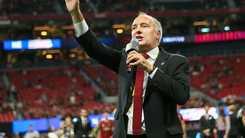 Oct 6, 2019; Atlanta, GA, USA; Atlanta United president Darren Eales addresses the crowd after a victory against the New England Revolution at Mercedes-Benz Stadium. Mandatory Credit: Brett Davis-USA TODAY Sports