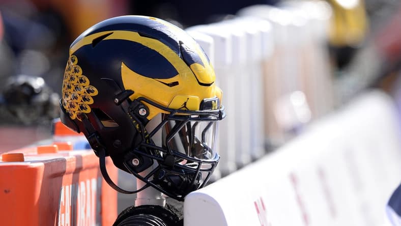 Oct 12, 2019; Champaign, IL, USA; A Michigan Wolverines helmet sits on the back of the bench during the second half of the game against the Illinois Fighting Illini at Memorial Stadium. Mandatory Credit: Michael Allio-USA TODAY Sports