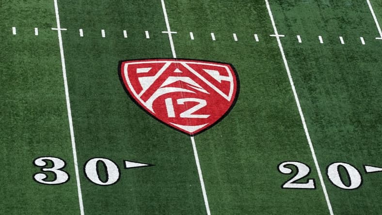 Oct 19, 2019; Salt Lake City, UT, USA; A general view of the Pac-12 conference logo on the field prior to the game between the Utah Utes and the Arizona State Sun Devils at Rice-Eccles Stadium. Mandatory Credit: Kirby Lee-USA TODAY Sports