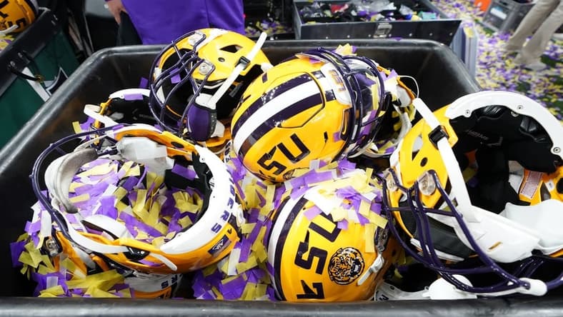 Jan 13, 2020; New Orleans, Louisiana, USA; Detail view of LSU Tigers helmets after the LSU Tigers defeated the Clemson Tigers in the College Football Playoff national championship game at Mercedes-Benz Superdome. Mandatory Credit: John David Mercer-USA TODAY Sports