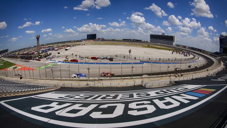 Jul 19, 2020; Fort Worth, TX, USA; A view of the NASCAR logo cover during the O'Reilly Auto Parts 500 race at Texas Motor Speedway. Mandatory Credit: Jerome Miron-USA TODAY Sports