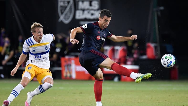 Jul 19, 2020; Kissimmee, FL, USA; Chicago Fire midfielder Luka Stojanovic (8) looks to kick the ball during the first half against the San Jose Earthquakes at ESPN Wide World of Sports. Mandatory Credit: Douglas DeFelice-USA TODAY Sports