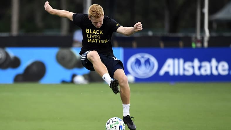 Aug 5, 2020; Orlando, FL, Orlando, FL, USA;  Philadelphia Union midfielder Jack de Vries (14) controls the ball during pregame warmups before their match against the Portland Timbers at ESPN Wide World of Sports Complex. Mandatory Credit: Douglas DeFelice-USA TODAY Sports
