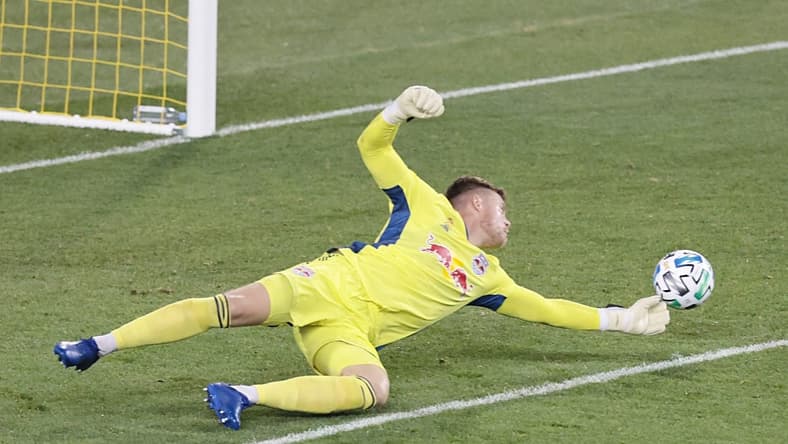 Sep 27, 2020; Harrison, New Jersey, USA; New York Red Bulls goalkeeper David Jensen (1) makes a save during the first half against the Montreal Impact at Red Bull Arena. Mandatory Credit: Vincent Carchietta-USA TODAY Sports