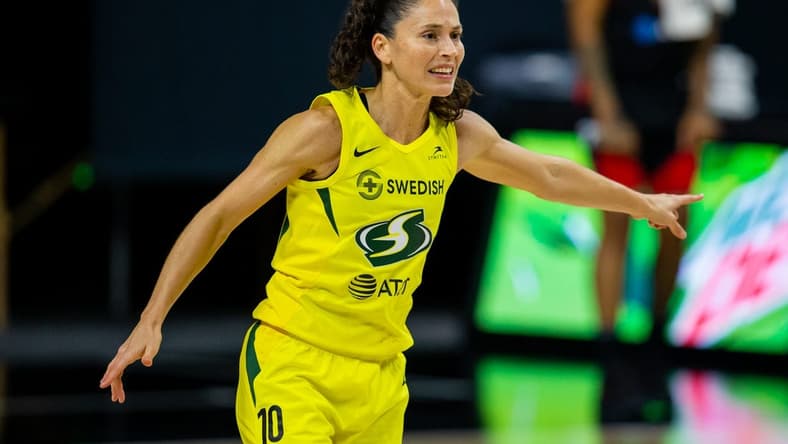Oct 2, 2020; Bradenton, Florida, USA; Seattle Storm guard Sue Bird (10) directs the defense during game 1 of the WNBA finals against the Las Vegas Aces at IMG Academy. Mandatory Credit: Mary Holt-USA TODAY Sports