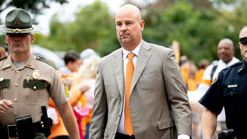 Tennessee Head Coach Jeremy Pruitt walks during the Vol Walk ahead of a game between Tennessee and Mississippi State in Neyland Stadium in Knoxville, Tenn. on Saturday, October 12, 2019.

Utvmstate1005