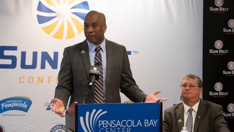 Keith Gill, the commissioner of the Sun Belt Conference, announces Pensacola will host the conference's Men's and Women's Basketball Championships staring in 2021 during a press conference on Tuesday, March 3, 2020.

Sun Belt Announcement