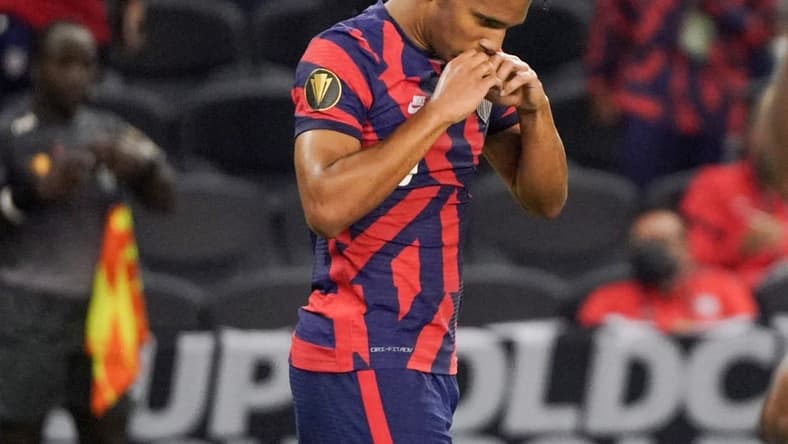 Jul 15, 2021; Kansas City, Kansas, USA; United States forward Nicholas Gioacchini (8) celebrates after scoring against Martinique during CONCACAF Gold Cup Soccer group stage play at Children's Mercy Park. Mandatory Credit: Denny Medley-USA TODAY Sports
