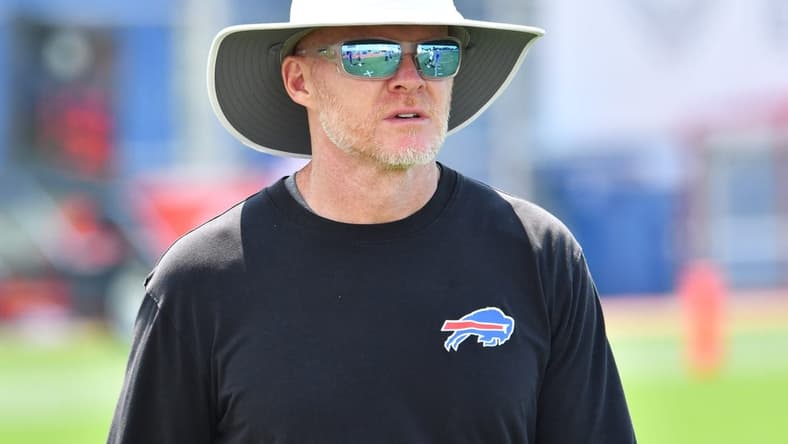Jul 28, 2021; Orchard Park, NY, United States; Buffalo Bills head coach Sean McDermott comes off the field after practice at the Buffalo Bills Training Facility. Mandatory Credit: Mark Konezny-USA TODAY Sports