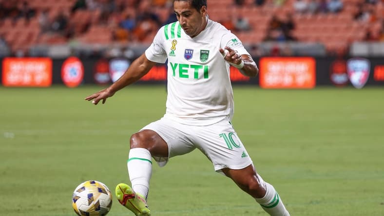Sep 11, 2021; Houston, Texas, USA; Austin FC forward Cecilio Dominguez (10) in action against the Houston Dynamo FC at BBVA Stadium. Mandatory Credit: Troy Taormina-USA TODAY Sports